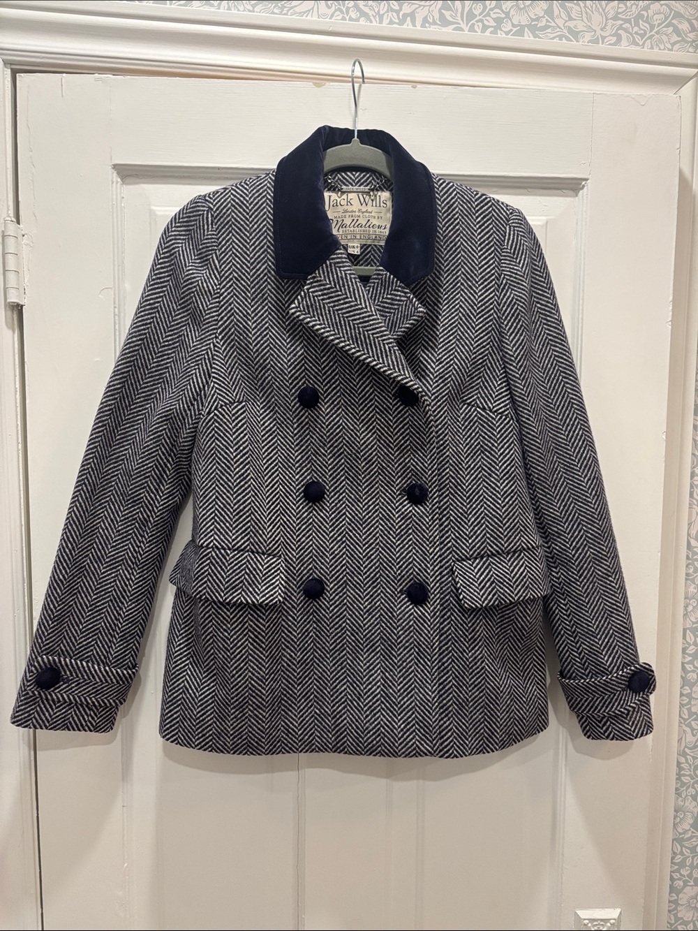 Jack Wills Navy Herringbone Double-Breasted Peacoat with Velvet Details
